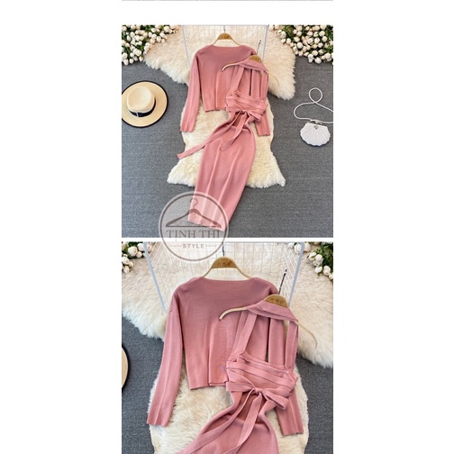 Đầm cổ yếm dây cổ kèm khoác, Set đầm len kèm khoác tay dài phối dây nơ phía sau