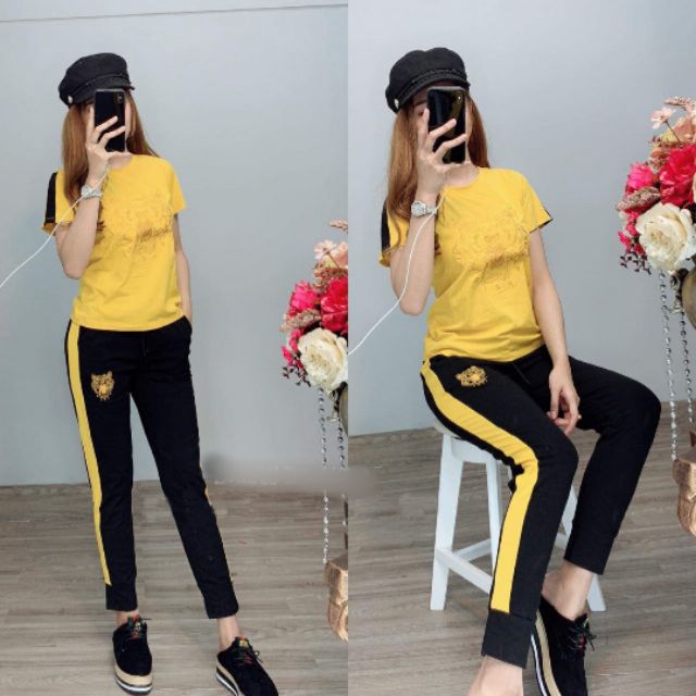 Đồ bộ nữ bo chân thêu logo đồ bộ thể thao mặc nhà dạo phố