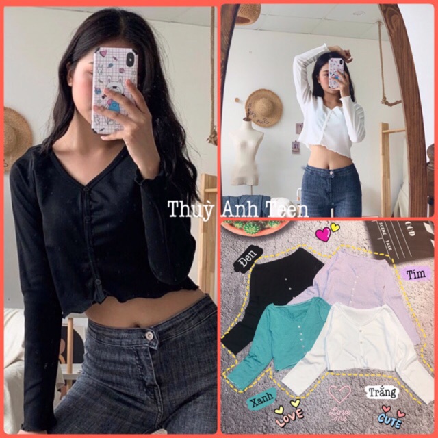 Áo croptop thun gân mỏng dài tay sóng cổ V