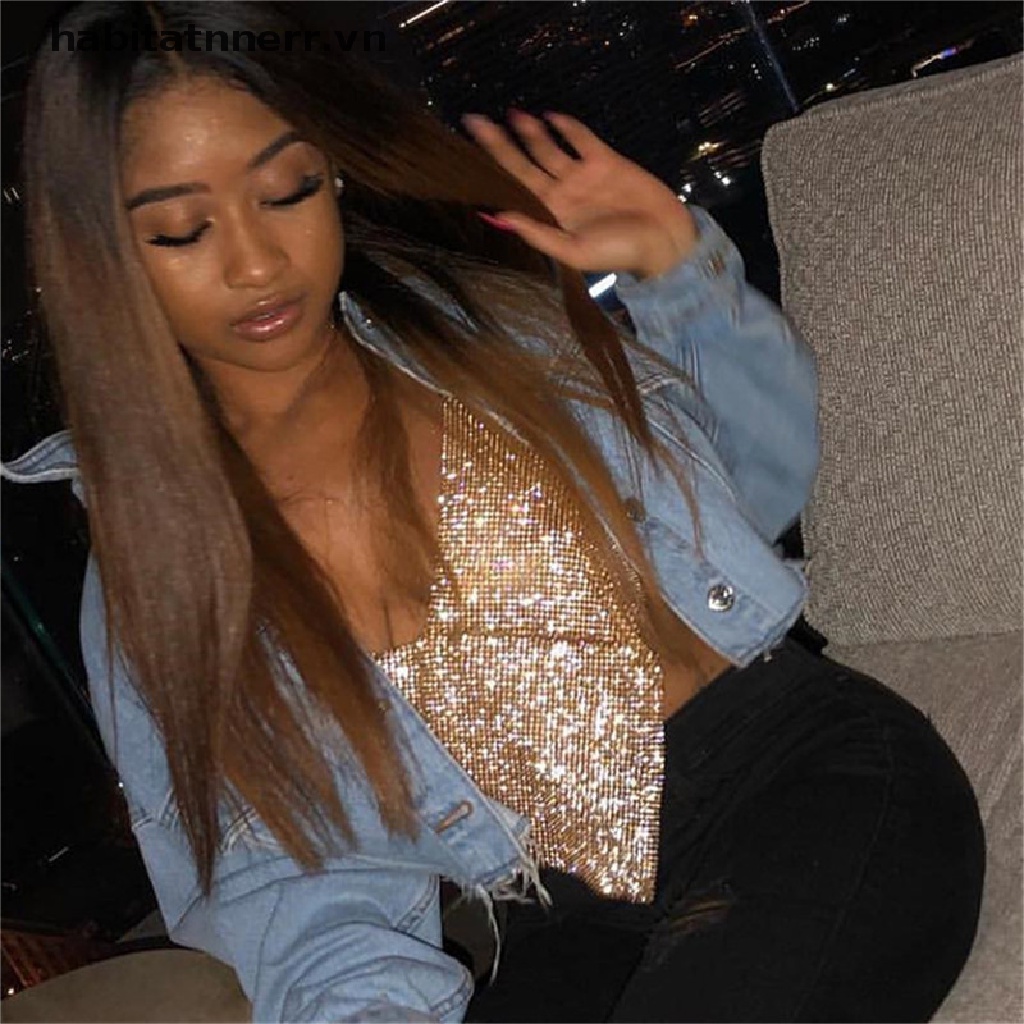Áo Croptop Hai Dây Hở Lưng Đính Kim Cương Lấp Lánh Gợi Cảm Cho Nữ