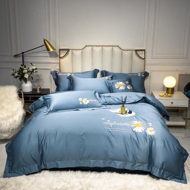 Bộ Ga Gối 4 Món Thuong Hiệu 🌸BEAR🌸 Lụa Thêu HOA CÚC MÀU XANH THAN. Sang Trọng Tinh Tế. Hàng Nhập. | BigBuy360 - bigbuy360.vn