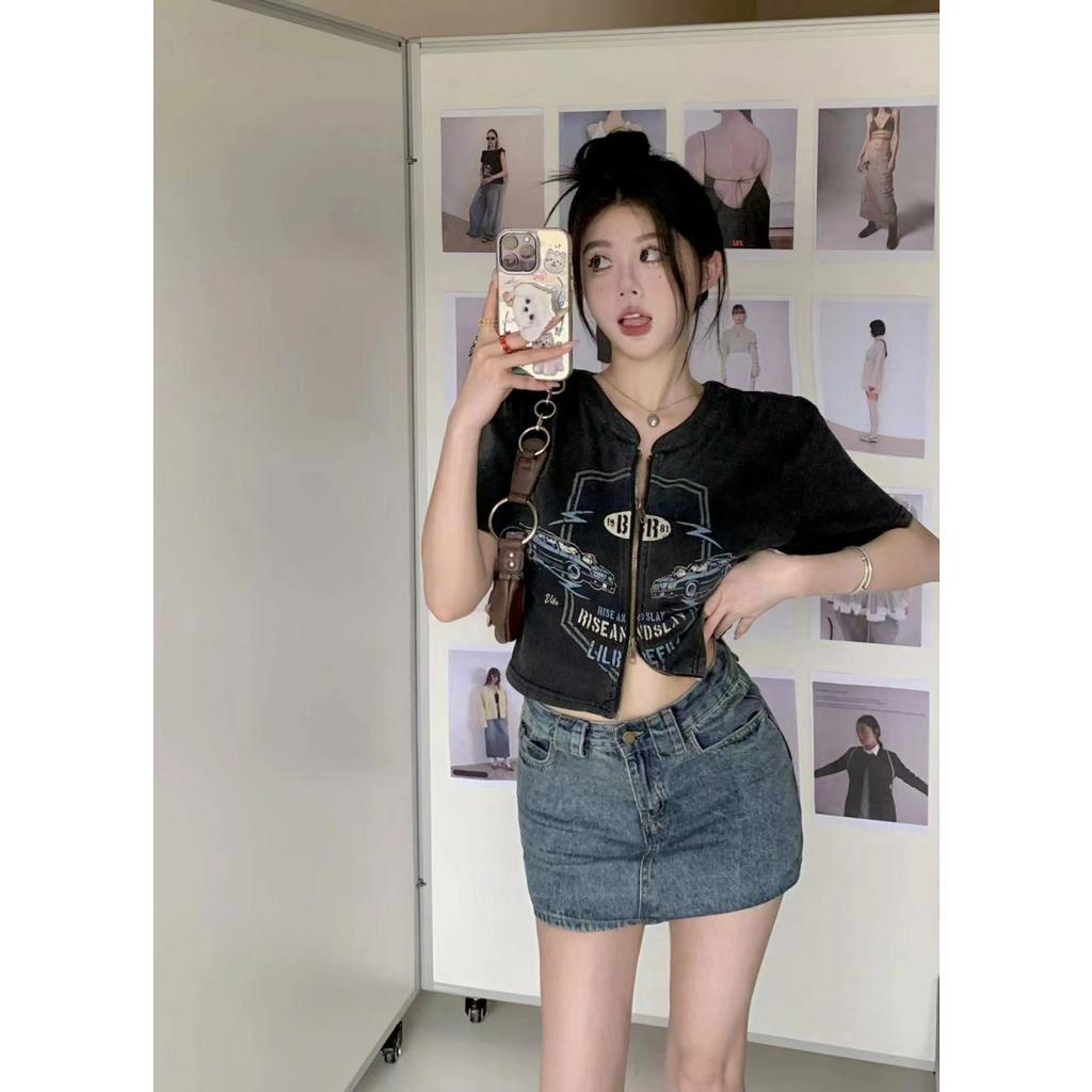 Ethelgirl  Thun Tay Ngắn Hai Đầu Có Khóa Kéo In Họa Tiết Cổ Điển Phong Cách Mỹ Thời Trang Cho Nữ