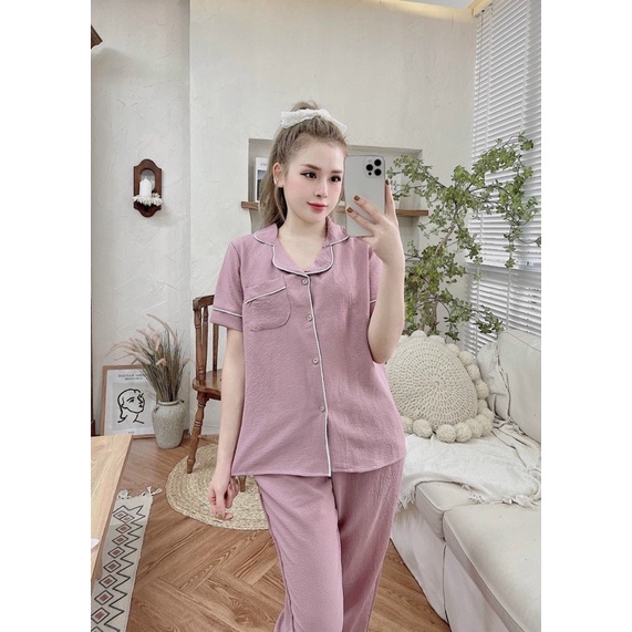 Bộ pijama mặc nhà nữ chất đũi xốp trơn áo cộc quần dài, Đồ ngủ nữ xinh kiểu dáng đơn giản thoải mái