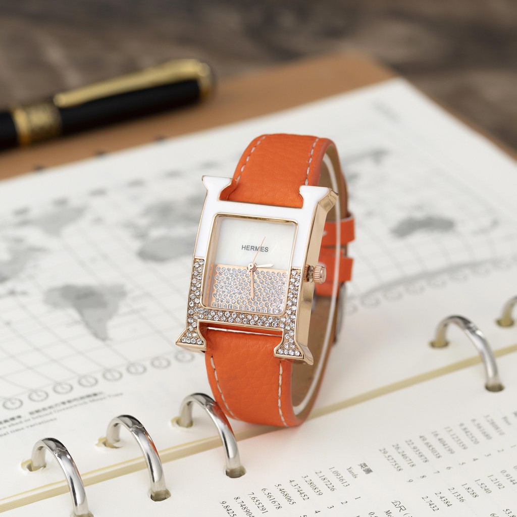 Đồng hồ nữ Hermes dây da mặt vuông đính đá cao cấp full box tặng hộp pishop - DHN02 shop447