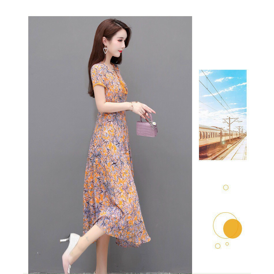 Đầm xoè vintage cổ tim cột nơ sắc hè in 3D cao cấp