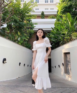 Đầm midi trắng cổ vuông