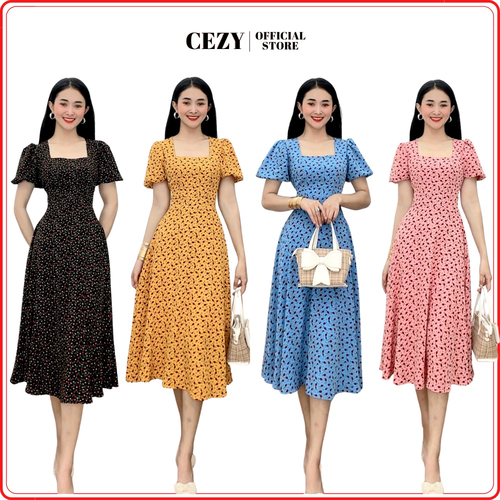 Đầm hoa nhí cổ vuông tay bồng dây thắt nơ eo có size bigsize CEZY D75