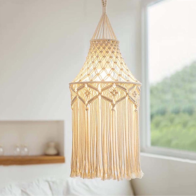 Đèn thả Macrame handmade. Đèn trần kèm dây đèn trang trí nhà cửa