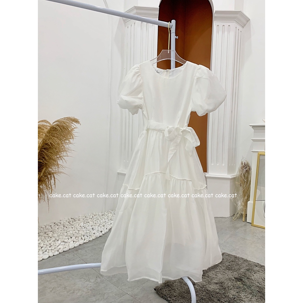Đầm Váy Trắng Công Chúa Bồng Bềnh Thắt Nơ Eo Xinh