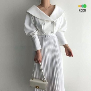 Đầm Tay Phồng Lưng Cao Xếp Ly Phối Hai Hàng Nút Phong Cách Hàn Quốc