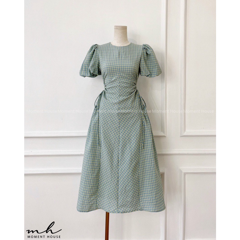 MINT DRESS - Đầm tay bồng, khoét tròn rút dây 2 eo, xếp ly hông siêu hack dáng, họa tiết caro, hàng thiết kế may 2 lớp