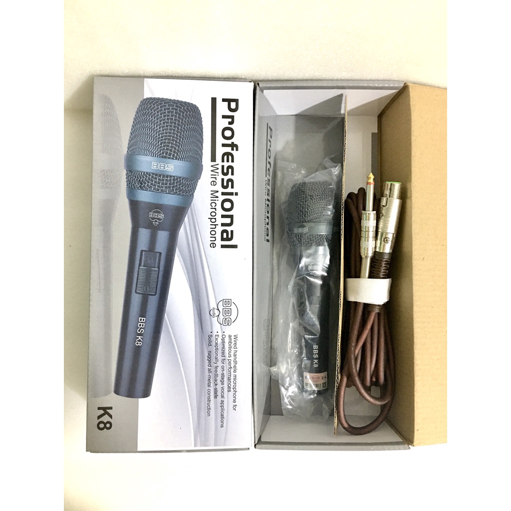 Micro Có Dây K8 Tay Inox Sơn Tĩnh Điện, Hát Nhẹ, Hút Giọng, Hỗ Trợ Chống Hú, Dây Dài Vỏ 3 Lớp Chống Xoắn.