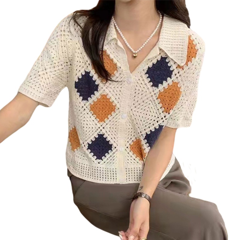 Brroa Áo Cardigan Dệt Kim Tay Ngắn Cổ Chữ V Cài Nút Màu Sắc Tương Phản Phong Cách Vintage Dành Cho Nữ