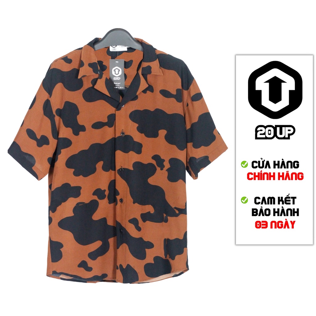 Áo sơ mi họa tiết bò sữa nam nữ unisex cộc tay cổ bẻ 20UP form rộng 50-85kg 100% lụa cao cấp nhẹ thoáng mát không nhăn