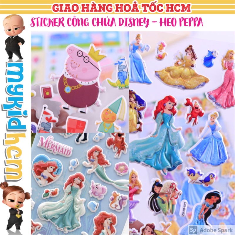 BỘ NHIỀU HÌNH sticker CÔNG CHÚA DISNEY NÀNG TIÊN CÁ HEO PEPPA cho bé GÁI hình dán 3D vừa chơi vừa học phát triển trí tuệ