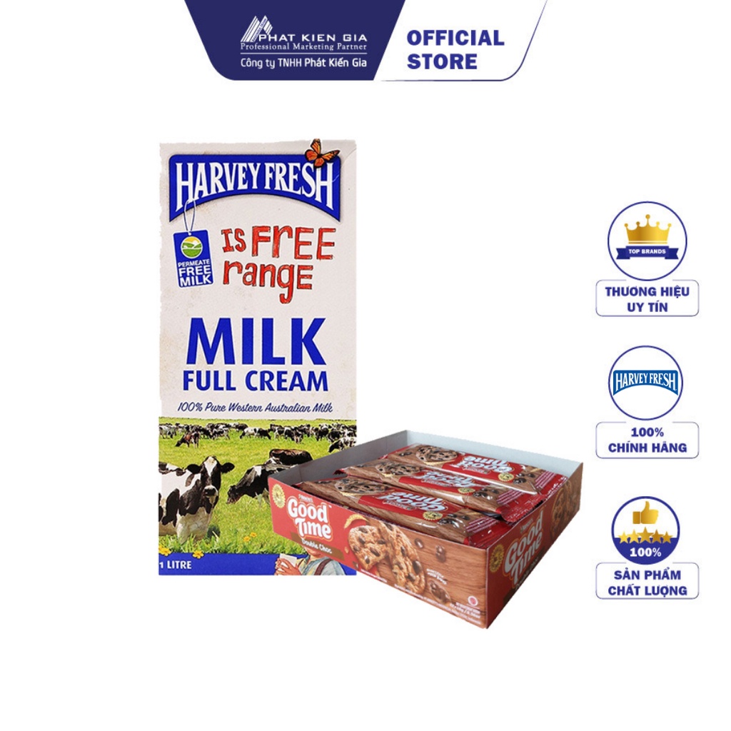 COMBO 1 Hộp Sữa Tươi Tiệt Trùng Nguyên Kem Harvey Fresh 1L + 1 Gói Bánh Quy Socola Arnott's GoodTime 16g x 12 thanh