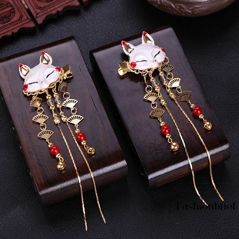 Kẹp tóc hình thỏ cáo tua rua dễ thương phối với đồ Kimono Hanfu cho nữ