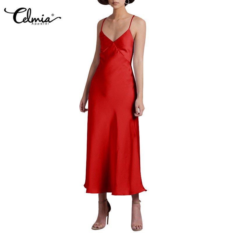 Đầm Dài Kaftan Celmia Vải Lụa Satin Hai Dây Không Tay Cổ V Hở Lưng Gợi Cảm Cho Nữ