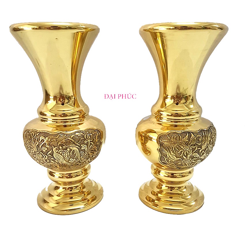 Đôi lọ hoa Bông Cúc bằng đồng cao 30 cm màu vàng bóng