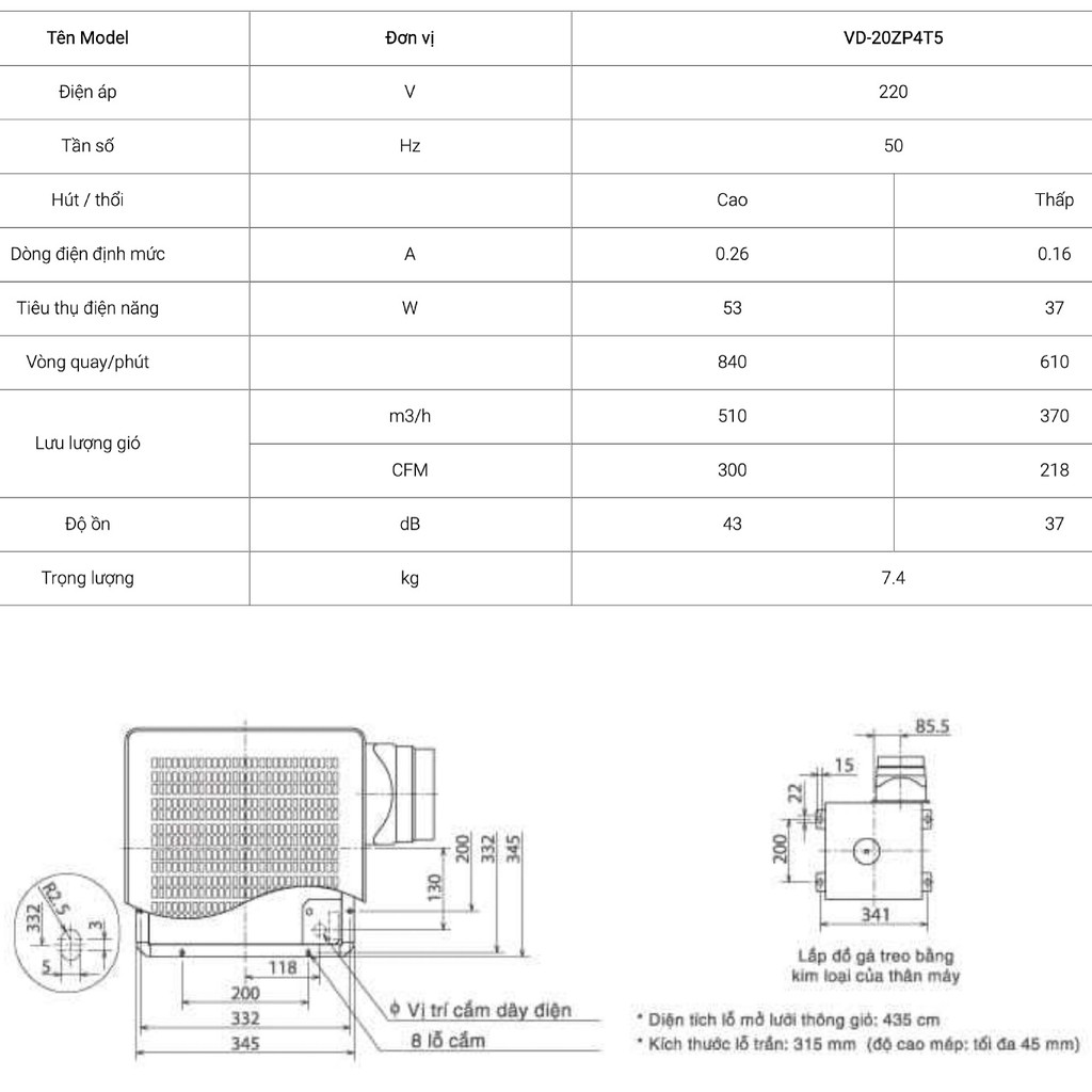 Quạt hút âm trần nối ống gió Mitsubishi VD-20ZP4T5 53W Made in ThaiLand