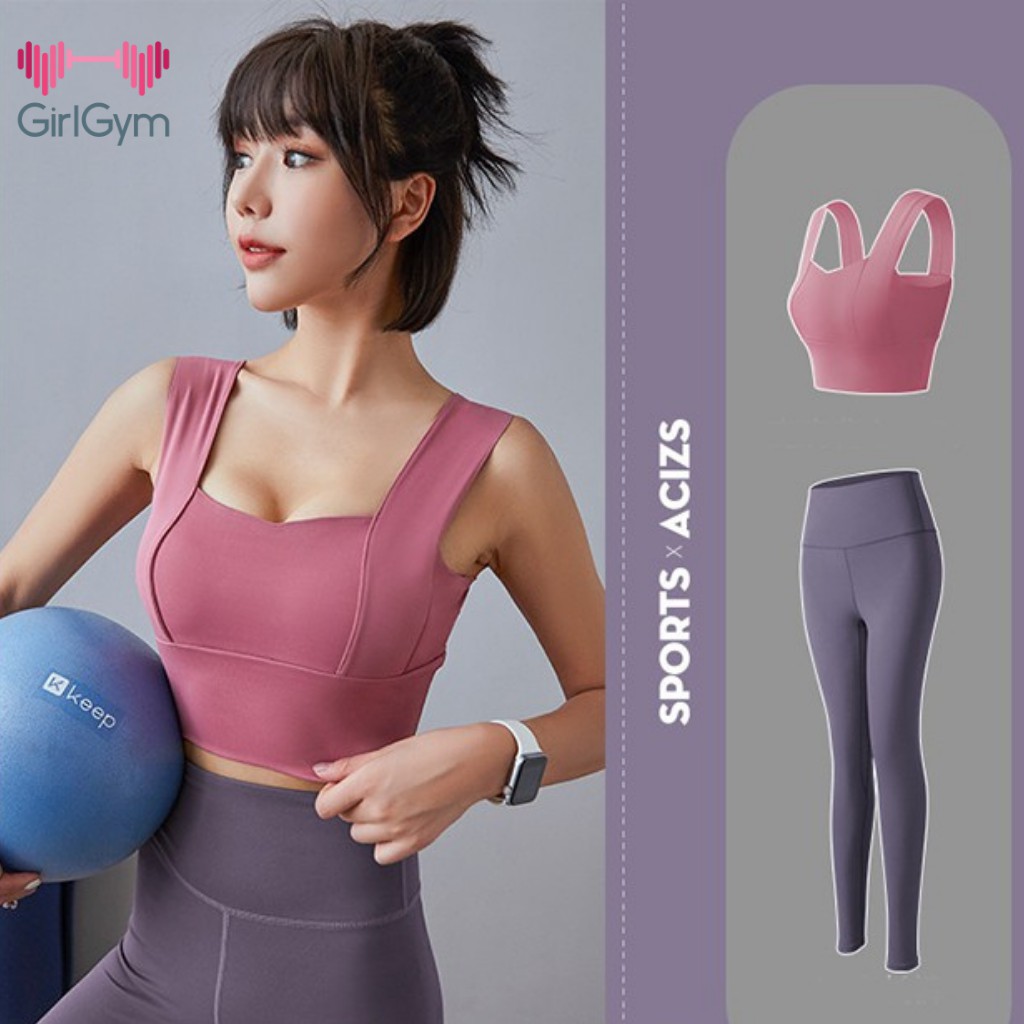 Bộ tập gym yoga earobic nữ, Sét quần dài và áo ba lỗ croptop có lót ngực chống sốc khi tập luyện Girl Gym