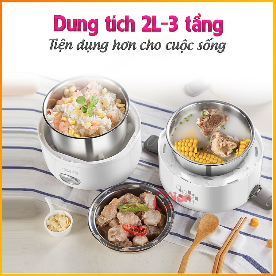 Hộp cơm cắm điện hâm nóng, 3 ngăn inox nắp chống tràn, hộp cơm văn phòng có hẹn giờ- MIAN MART