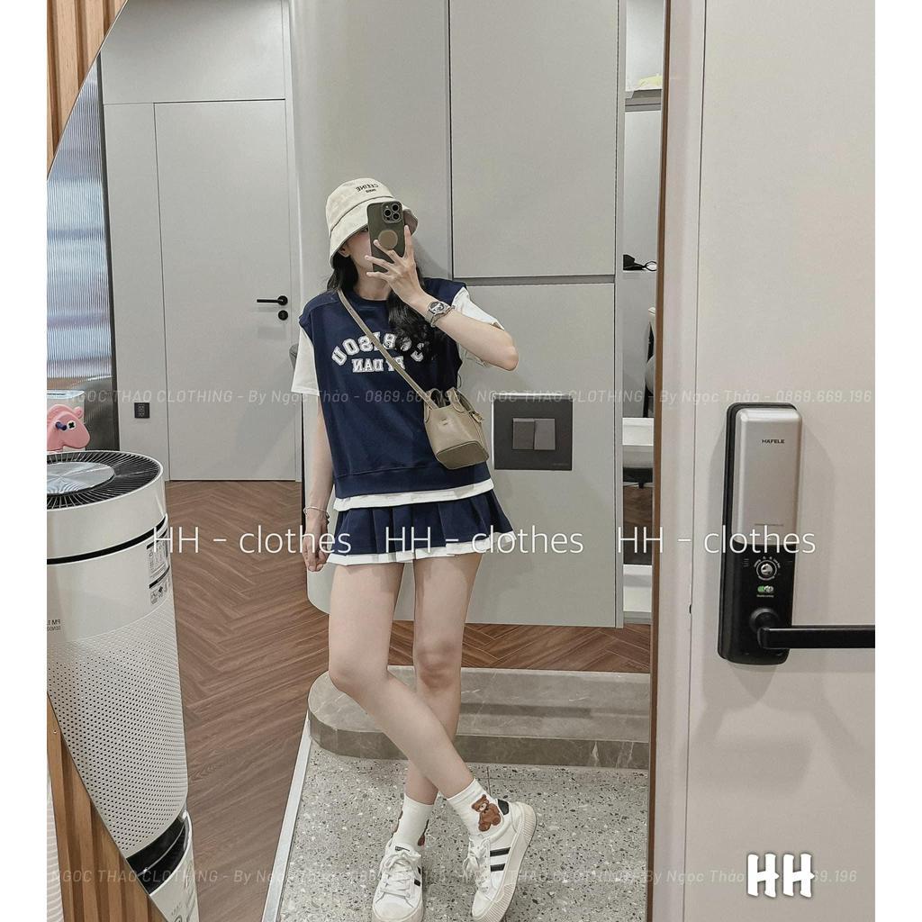 Set áo phối chân váy xanh xếp li in chữ siêu cá tính LD2345