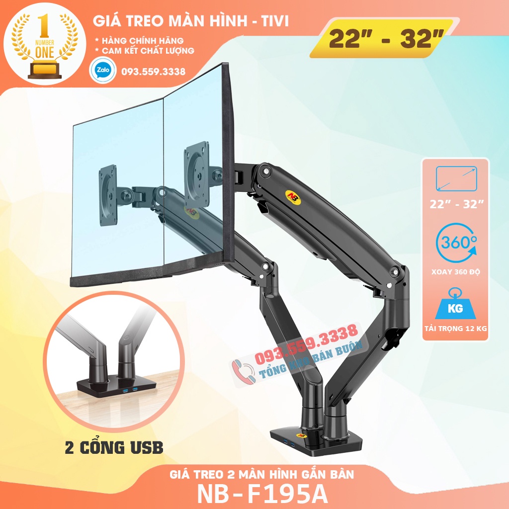 NB F195A / Giá Treo 2 Màn Hình Hỗ Trợ Màn 22 -32 Inch / Tải Trọng 12Kg 1 Tay - Lắp Đặt Kẹp Bàn &amp; Vít Xuyên Bàn