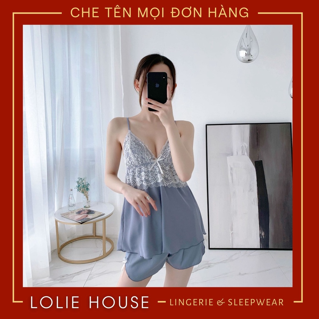 Bộ ngủ 2 dây lụa satin phối ren Đồ bộ ngủ 2 dây phối ren chất lụa satin LOLIE HOUSE - SS19