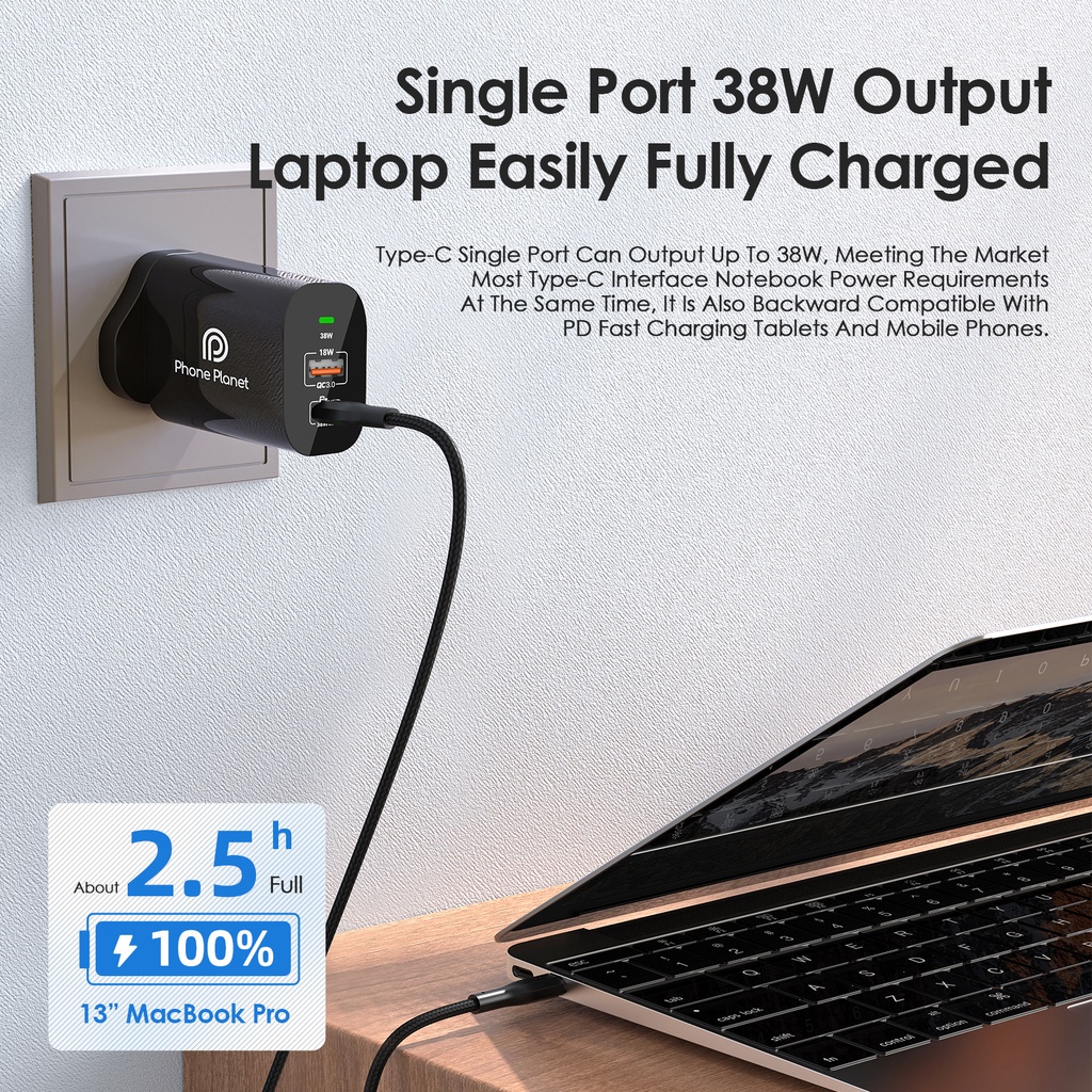 Đầu sạc nhanh Phone Planet 38W PD QC USB Type C Tương Thích Với Android iphone 14 Pro Max