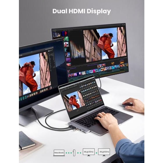 Hub đa năng 7 in 1 từ  USB Type C sang 2 cổng HDMI, 2 cổng USB 3.0, đầu đọc thẻ SD/TF, 1 cổng USB Type-C Ugreen 80548