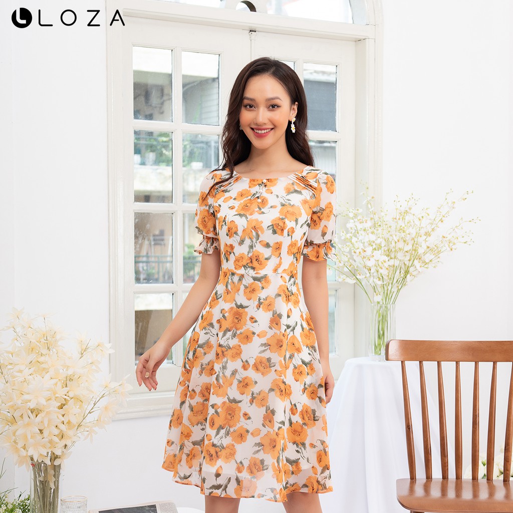 [Mã FASHIONMALLT4 giảm 15% đơn 150k] Đầm dáng xòe LOZA họa tiết hoa tay cộc - LD2478