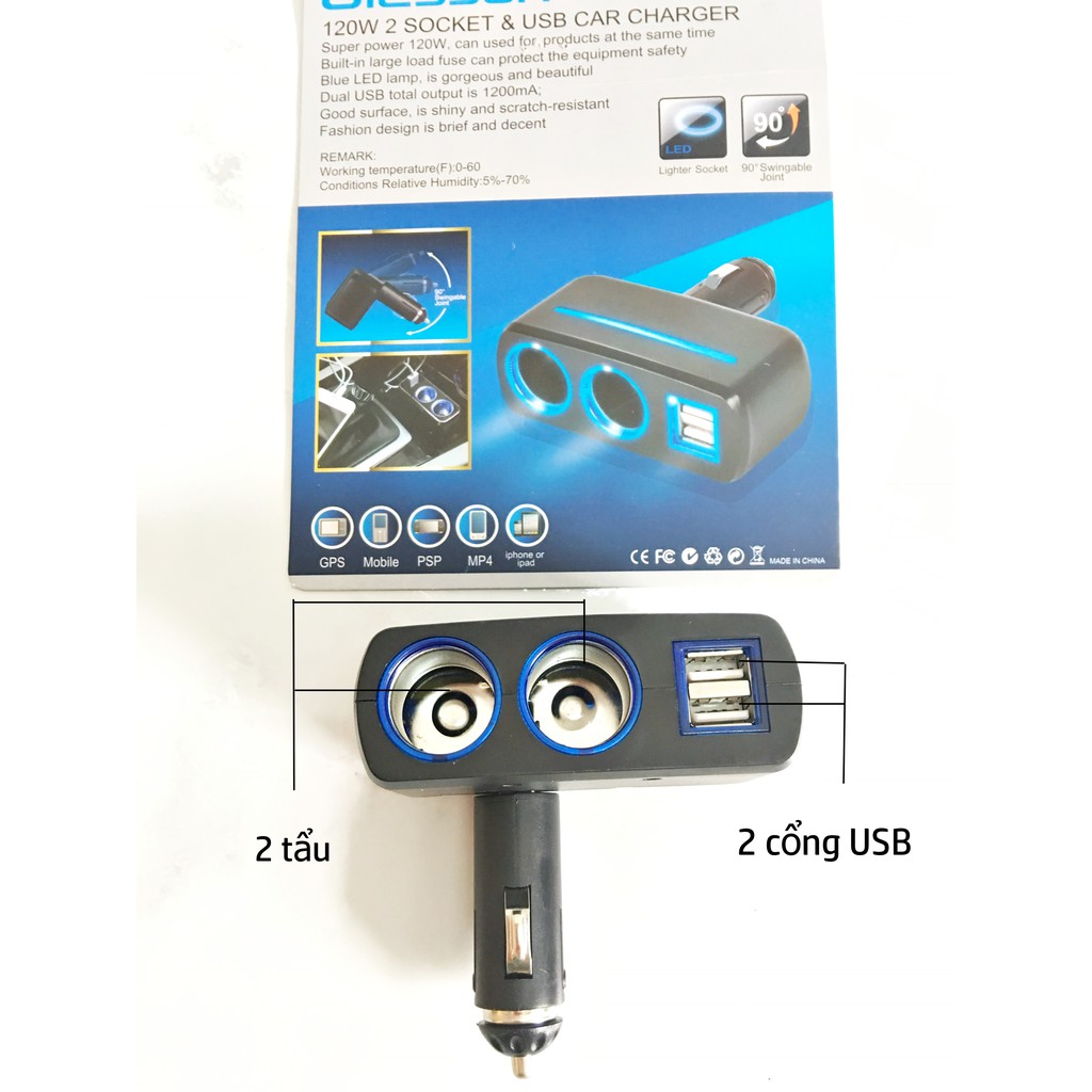 Tẩu Sạc Nhanh Ô tô- xe tải 2 tẩu và 2 cổng USB, đầu vào 12V -24V