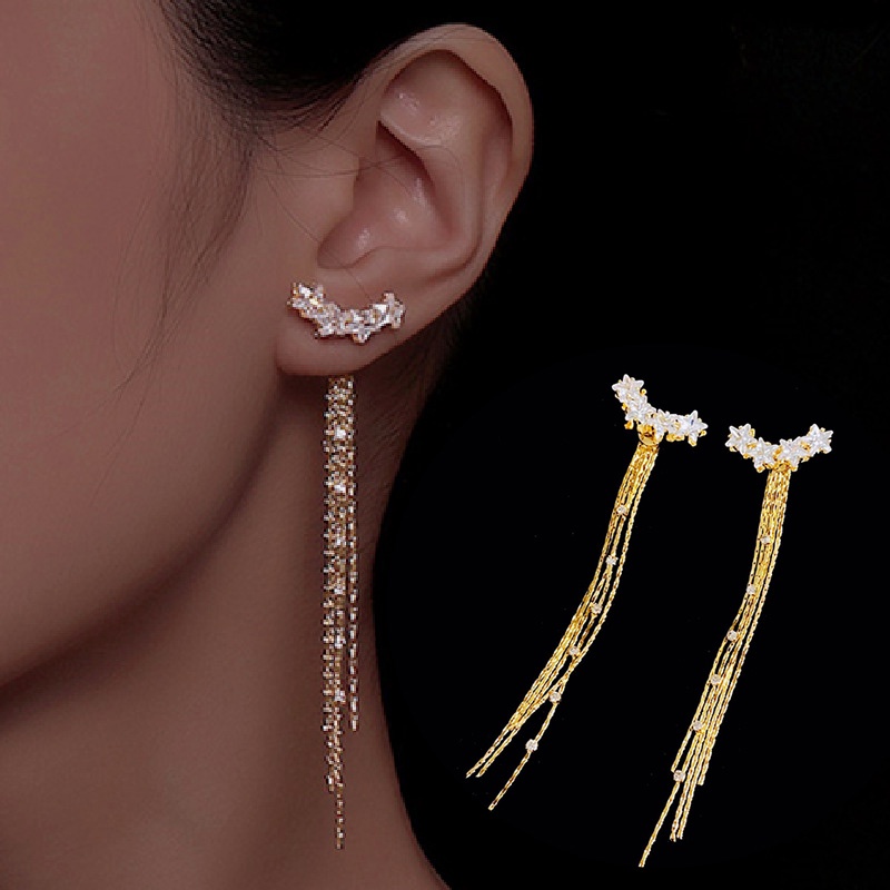 Bông Tai Mạ Bạc 925 Dáng Dài Hình Mặt Cười Đính Đá Zircon Phong Cách Hàn Quốc