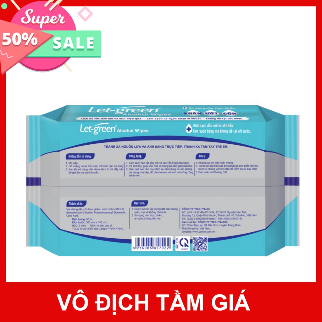 Combo 10 Gói Khăn Ướt Cồn Let-green (50 Tờ x 10) Diệt Khuẩn 99,9% (Mới sản xuất)