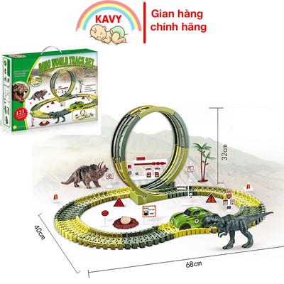 Đồ chơi đường ray khủng long KAVY ô tô chạy pin tự lắp ráp nhiều chi tiết