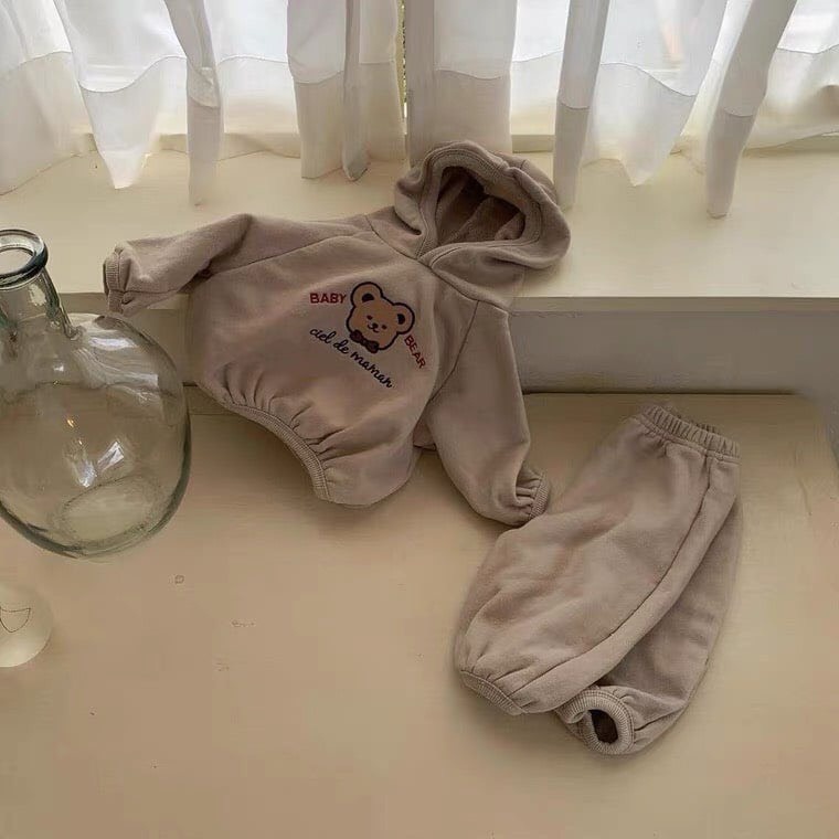 Bộ Thu Đông Hoodie hình gấu Dài Tay Chất Nỉ Lót Bông Trẻ Em Ken Store
