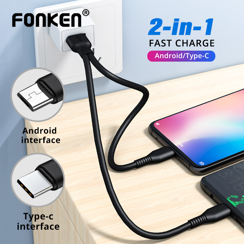Dây Cáp Sạc Pin FONKEN 2 Trong 1 Micro USB/Type C Dành Cho Hai Thiết Bị Điện Thoại Di Động USB C