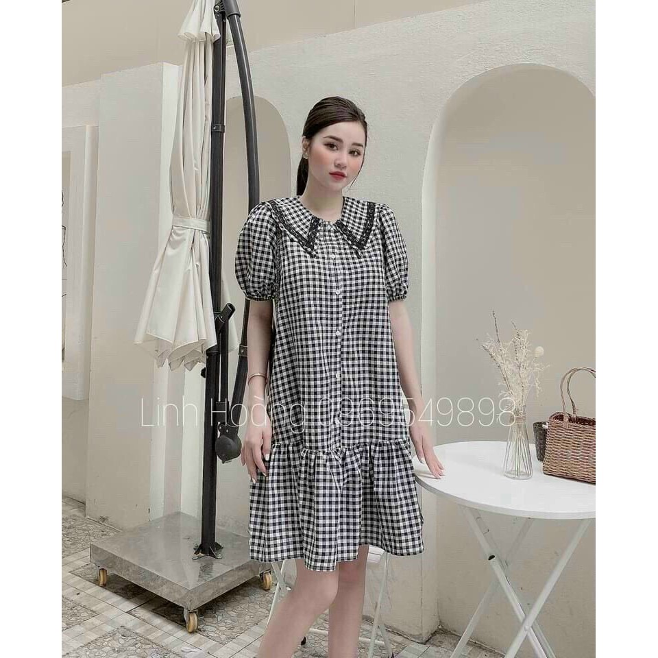 Váy đầm nữ dáng babydoll cổ vạt viền ren đen kẻ ô trẻ trung