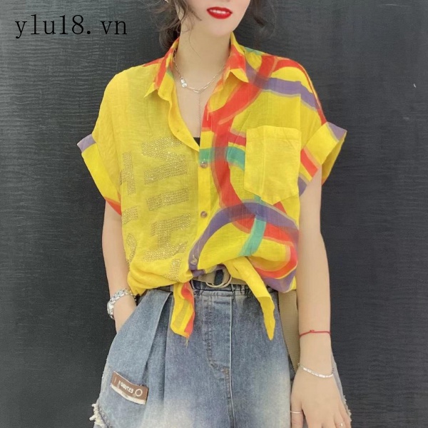 Áo Sơ Mi Chiffon Ngắn Tay Phối Màu Họa Tiết Kẻ Sọc Đính Đá Thời Trang Mùa Hè Năm 2021 Cho Nữ