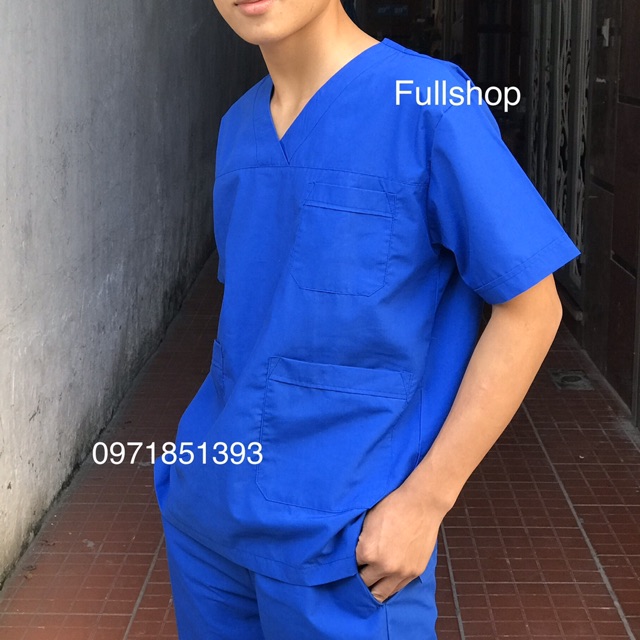 Bộ scrubs quần áo blouse cổ tim nam nữ màu xanh dương đậm - bộ đồng phục cổ tim bác sĩ, thẩm mỹ viện, spa