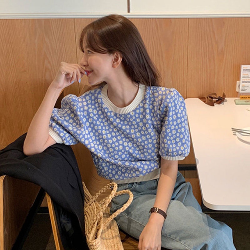 Du YAN Áo sweater Dệt Kim Tay Ngắn Cổ Tròn Màu Tương Phản Đơn Giản Cho Nữ