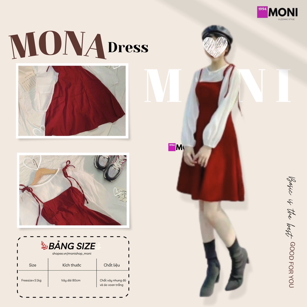 Set đầm 2 dây cột nơ đỏ ôm xoè kèm áo voan trắng tay dài cổ tròn S77