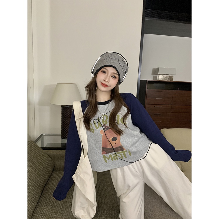 Áo Croptop Len Tay Dài Cổ Tròn In Hình Gấu Màu Sắc retro Dành Cho Nữ