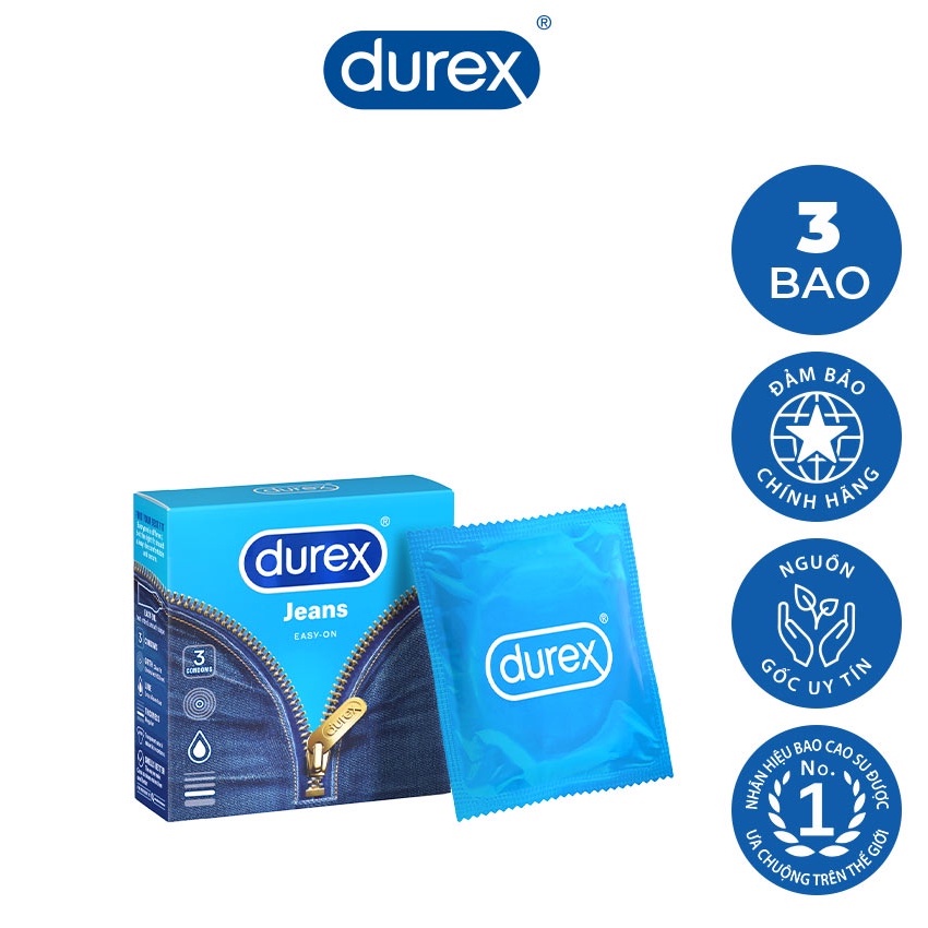 Bao cao su Durex Jeans- Siêu mỏng không mùi nhiều gel bôi trơn (Hộp 3 cái)