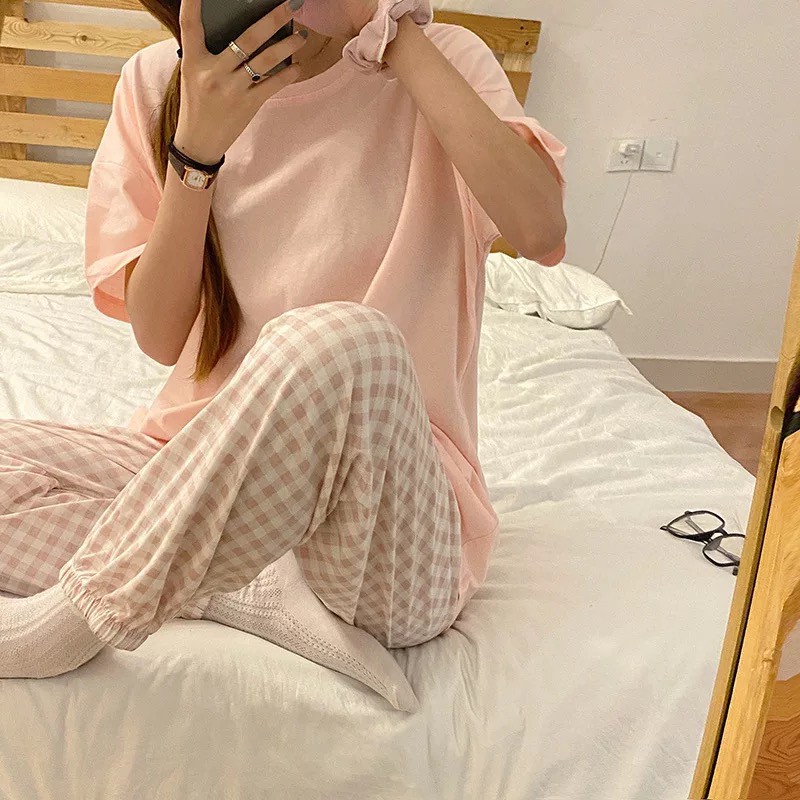 [CÓ SẴN] Set đồ ngủ đồ mặc nhà áo phông quần dài kẻ caro hồng Hàn Quốc ullzang