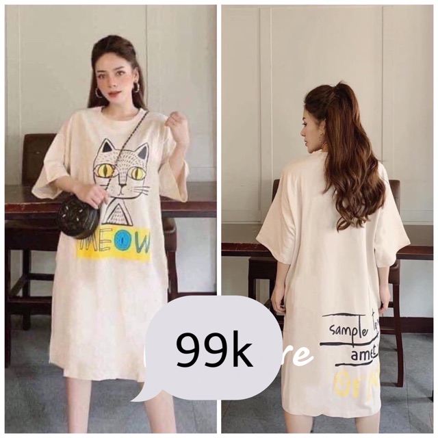 Đầm suông-VÁY SUÔNG IN HÌNH CÚ MÈO fom thụng không túi đủ size
