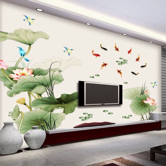 Decal trang trí tường - Bụi sen và đàn cá chép
