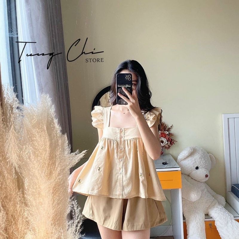 Bộ mặc nhà babydoll nữ thêu tổ ong tay cánh tiên chất đũi lụa mềm mát - Mã B110