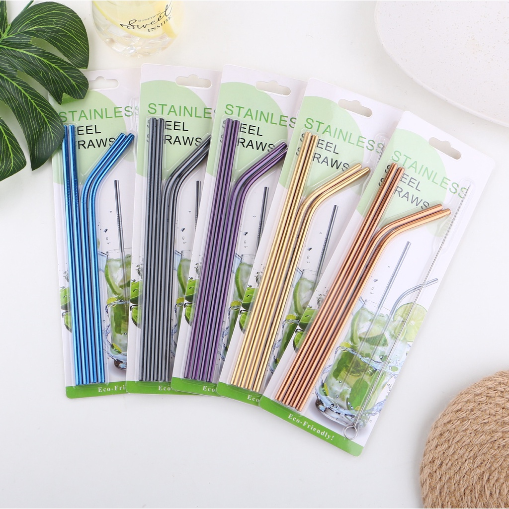 Bộ 4 Ống Hút Kim Loại Màu Sắc Cầu Vồng Kèm Cọ Vệ Sinh Bằng Inox 304